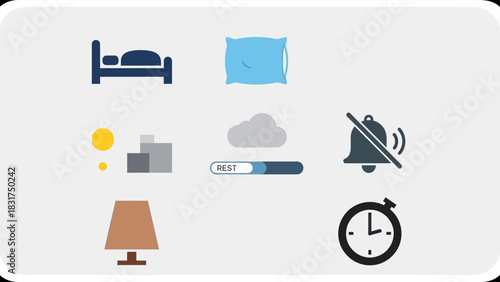 A collection of flat design icons representing sleep, rest, and bedtime routines on a light background.