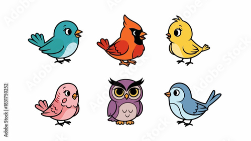 Six cute cartoon birds in various colors and species, including an owl and a cardinal, on a white background.