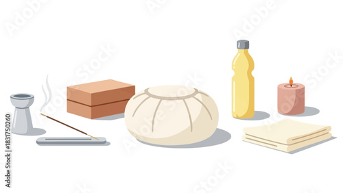 A collection of spa and wellness items, including candles, oils, and incense.