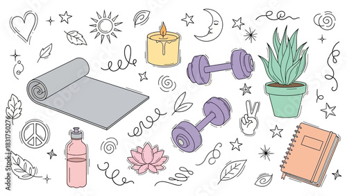 Hand-drawn doodle illustration of wellness and fitness items including a yoga mat, dumbbells, plant, candle, and journal with decorative elements.