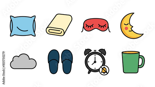 A collection of colorful flat design icons representing sleep, relaxation, and morning routine items like a pillow, blanket, sleep mask, moon, cloud, slippers, alarm clock, and mug.