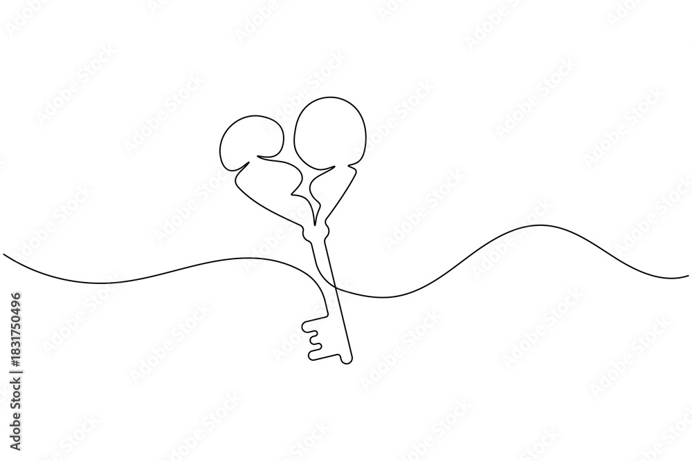 Obraz premium Continuous line drawing of a key with abstract speech bubble elements on its head