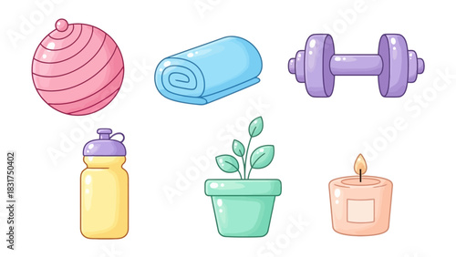 Collection of fitness and wellness items, including exercise ball, towel, dumbbell, water bottle, plant, and candle.