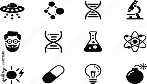Science, Research, and Technology Glyph Icons Set: Featuring DNA, Atom, Microscope, Flask, Capsule, UFO, Light Bulb, and Bomb Vector Illustration