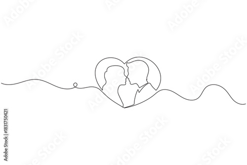 Single continuous line drawing of a loving couple kissing inside a heart symbol.