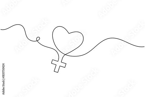 Continuous line drawing of heart and cross religious symbol. faith love concept