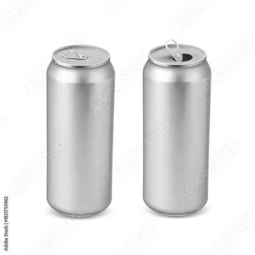 A realistic set of open and closed aluminum beverage cans.