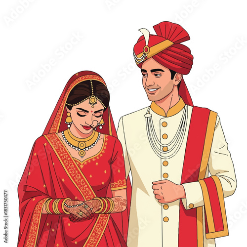 Traditional Indian wedding couple wearing vibrant ethnic clothing stands together, symbolizing love and commitment, captured in a clean flat 2D vector illustration on a pure white background.