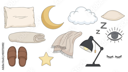 A collection of cozy sleep and bedtime elements including pillows, blankets, slippers, moon, stars, and a lamp.