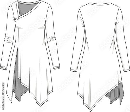Asymmetrical tunic top sketch, long sleeve design, off-center V-neckline, layered hem detail, front and back view, fashion illustration