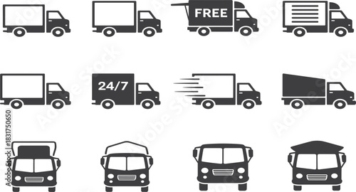 Delivery, Shipping, and Logistics Truck Glyph Icons Set: Featuring Cargo Van, Freight Lorry, Express, Free, and 24/7 Service Vector Illustration