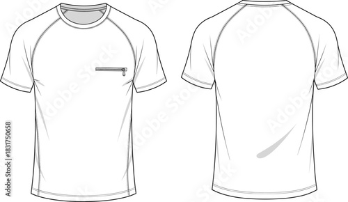 Athletic t-shirt sketch, short sleeve design, front and back view, chest zip pocket, raglan sleeve, technical fashion drawing, garment vector
