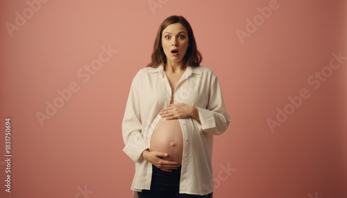 Surprised pregnant woman with a shocked expression holds her bare belly while wearing an open white shirt and looking at the camera against a solid pink background in a studio
