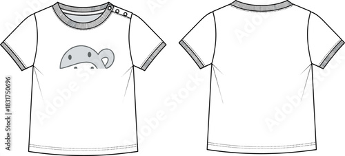 Baby T-shirt sketch, cartoon monkey graphic, snap shoulder detail, front and back view, toddler apparel design, technical fashion illustration