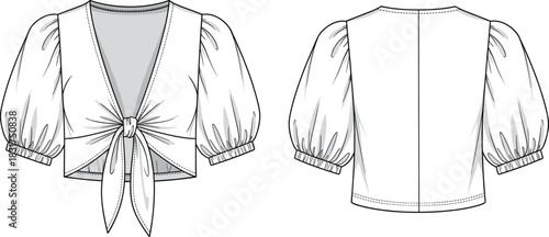 Cropped blouse sketch, puff sleeve design, deep V-neckline, tie-front closure, front and back view, technical fashion illustration