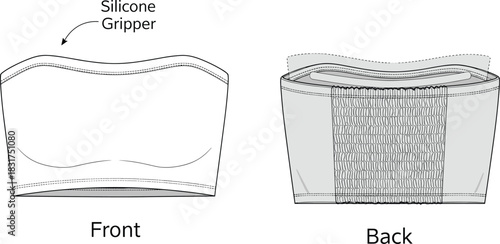 Strapless bandeau top, front and back view, silicone gripper detail, ruched back panel, technical fashion sketch, garment construction, apparel vector