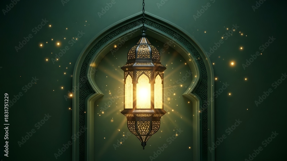 Fototapeta premium Elegant islamic lantern glowing in archway with bokeh lights