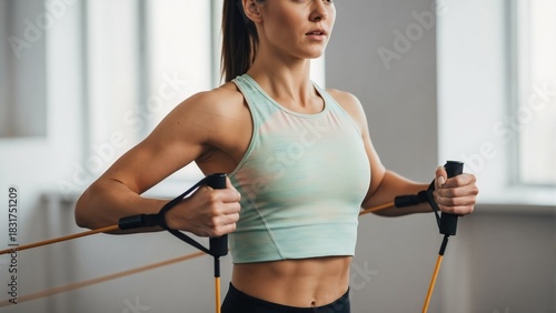 Strong athletic woman doing chest exercise with resistance band. Fitness workout for muscle toning and strength training in gym