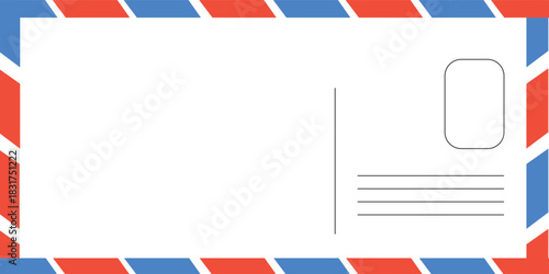 blank postcard template with place for stamp. white paper texture. airmail postcard with red and blue border