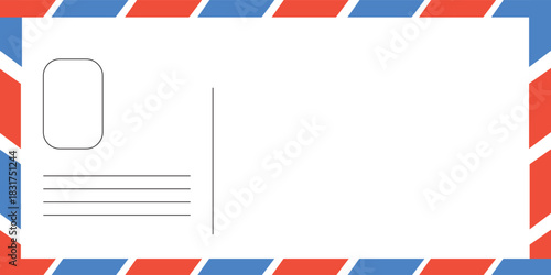 blank postcard template with place for stamp. white paper texture. airmail postcard with red and blue border