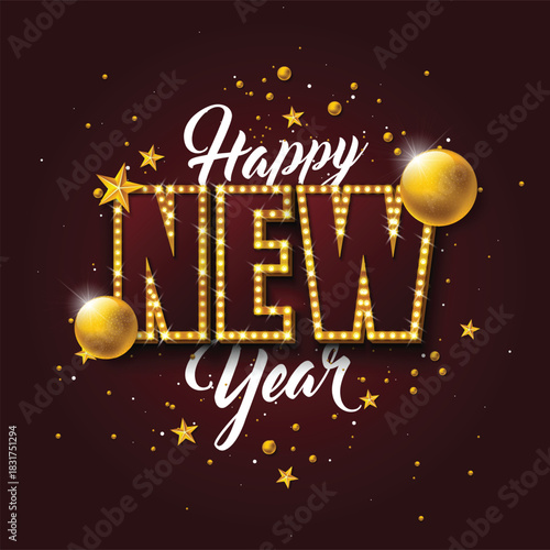 Celebrate new year. Golden ornaments greeting with stars, confetti and shiny glow. Festive banner with typography for holiday wishes.