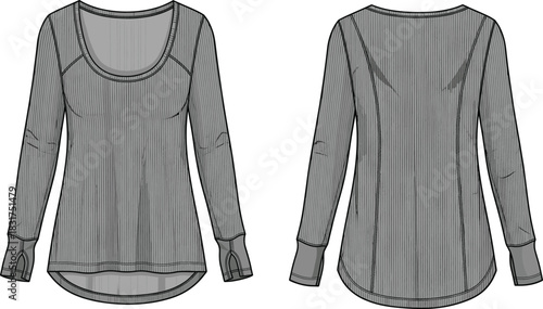 Women’s top sketch, long sleeve design, scoop neckline, thumbhole cuffs, raglan sleeve, curved hem, front and back view, fashion illustration