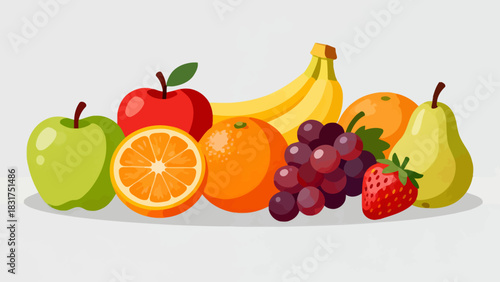 This colorful illustration displays a diverse collection of fresh fruits (including apples, oranges, bananas, pears, and strawberries) in whole and sliced forms