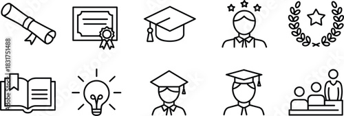Education, Graduation, and Academic Success Line Icons Set: Featuring Diploma, Cap, Open Book, Light Bulb, and Student Face Vector Illustration