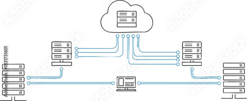 Cloud computing concept with servers and data connections, illustrating network infrastructure with a central router linking to cloud storage and multiple server stacks.