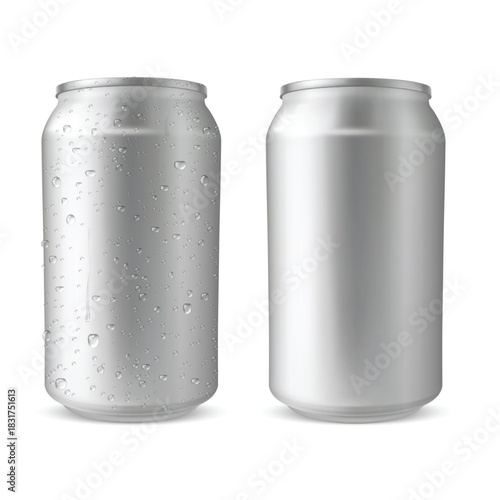 Aluminum drink can, realistic blank metallic tin can drink beer, soda, water, juice package with water drops vector set
