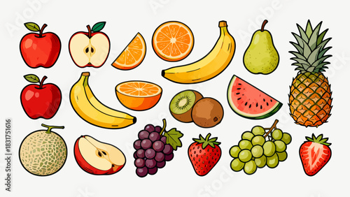 This colorful illustration displays a diverse collection of fresh fruits (including apples, oranges, bananas, pears, and strawberries) in whole and sliced forms