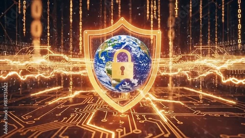 Global cybersecurity visualization of locked Earth with circuit board pattern for digital protection and data privacy in technology video