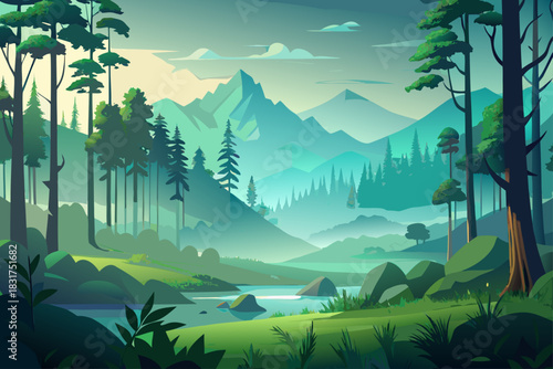 Misty green forest landscape with dense trees and peaceful atmosphere, depicting peaceful natural scenery, soft fog layers, peaceful forest environment and soothing outdoor beauty.