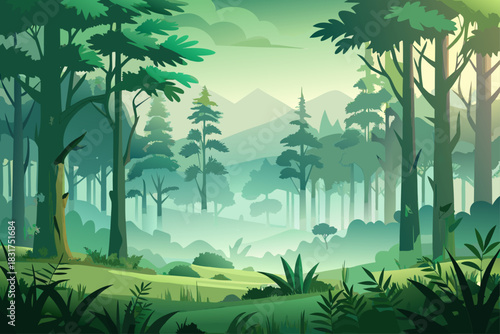 Misty green forest landscape with dense trees and peaceful atmosphere, depicting peaceful natural scenery, soft fog layers, peaceful forest environment and soothing outdoor beauty.