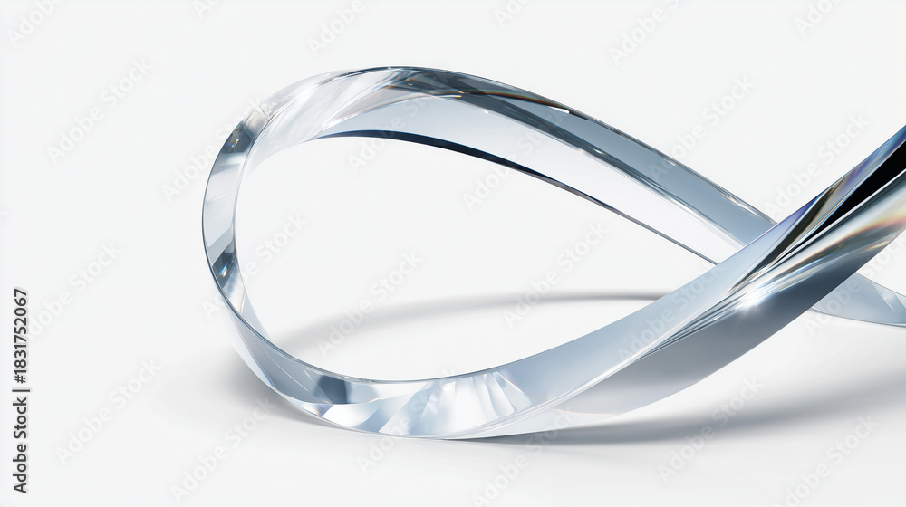 Naklejka premium transparent crystal ribbon forming a smooth New Year arc, refractive edges, clean white background, ultra-minimal luxury, soft glow, high commercial clarity