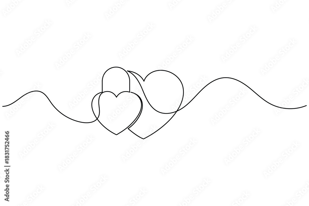 Obraz premium Continuous line art drawing of two hearts connected by a wavy line, love concept