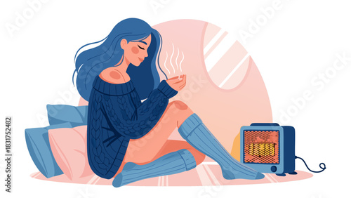 Cozy Comfort A Woman Warming Up With Hot Drink Near Heater