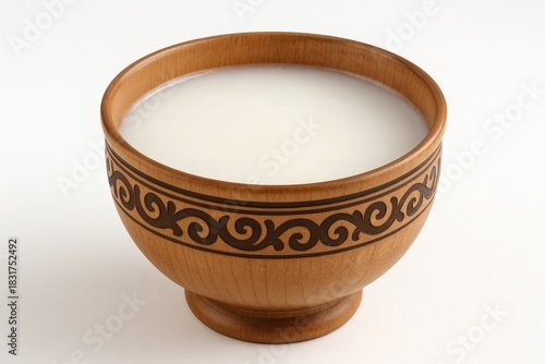 Traditional Kazakh Kymyz Fermented Mare’s Milk in Wooden Cup on White Background for High-Quality Dairy