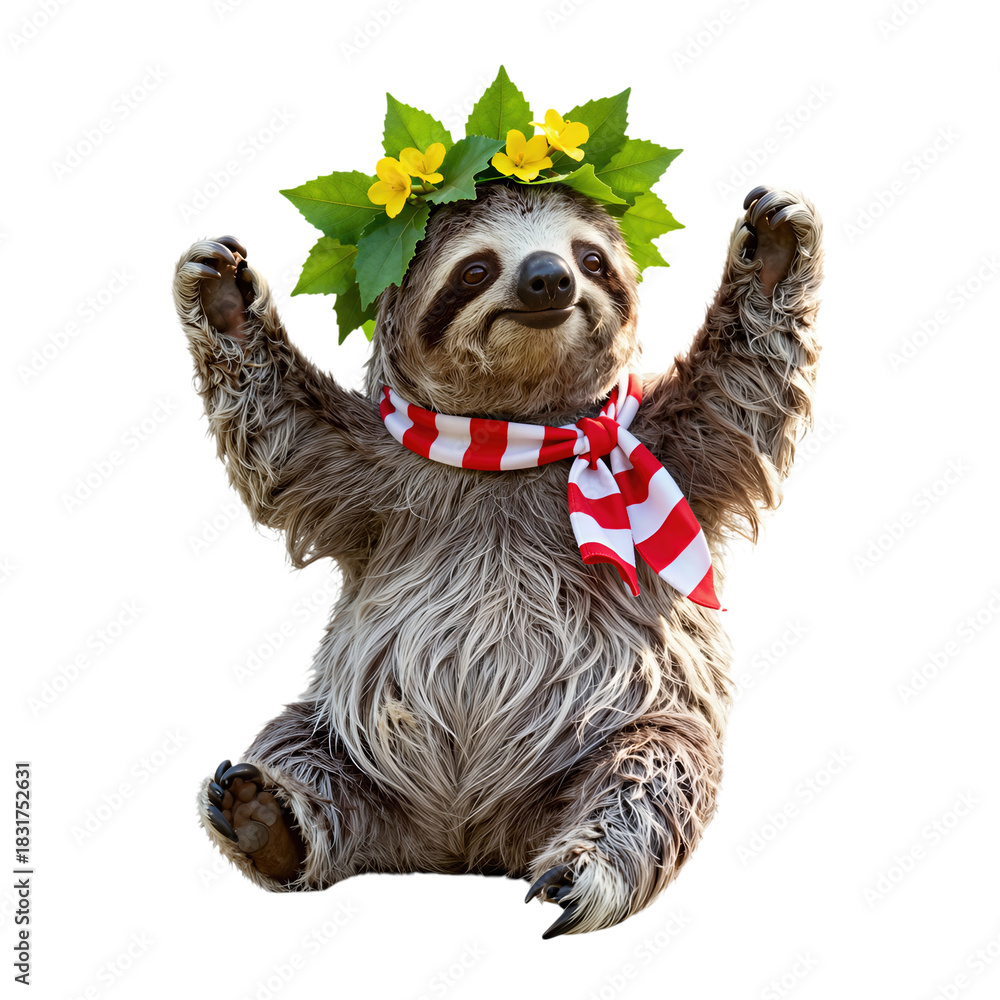 Obraz premium Cute Sloth in Red Striped Scarf with Flower Crown