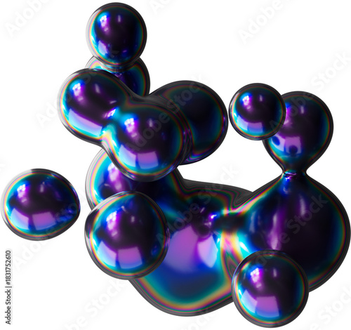 3d dark holographic liquid metaball shape, purple iridescent chrome fluid abstract form isolated. Render of geometric metal illustration