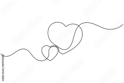 One continuous line art drawing of two loving hearts, symbolic of passion and unity