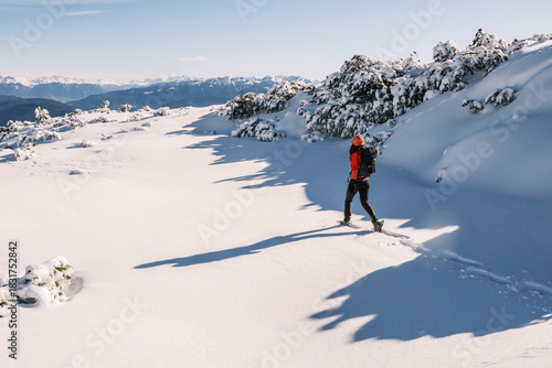A woman snowshoes across a snowy landscape with distant mountains under a blue sky. Paganella, Roda refuge,Trentino, Italy