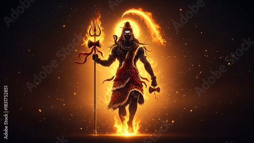 Shankar Bhagwan Divine Fiery Form Surrounded by Glowing Energy Circle Depicting Mahadev Power Rudra Strength Spiritual Aura for Mahashivratri Shravan Somvar Devotion Hindu Faith Sacred Worship 