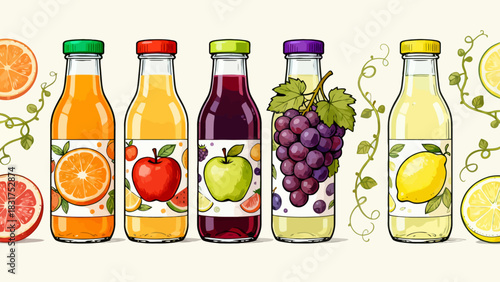 This vibrant illustrated collection shows various colorful cold drinks (juices, cocktails) in glassware, garnished with fruits/mint and labeled, arranged neatly against a white background.