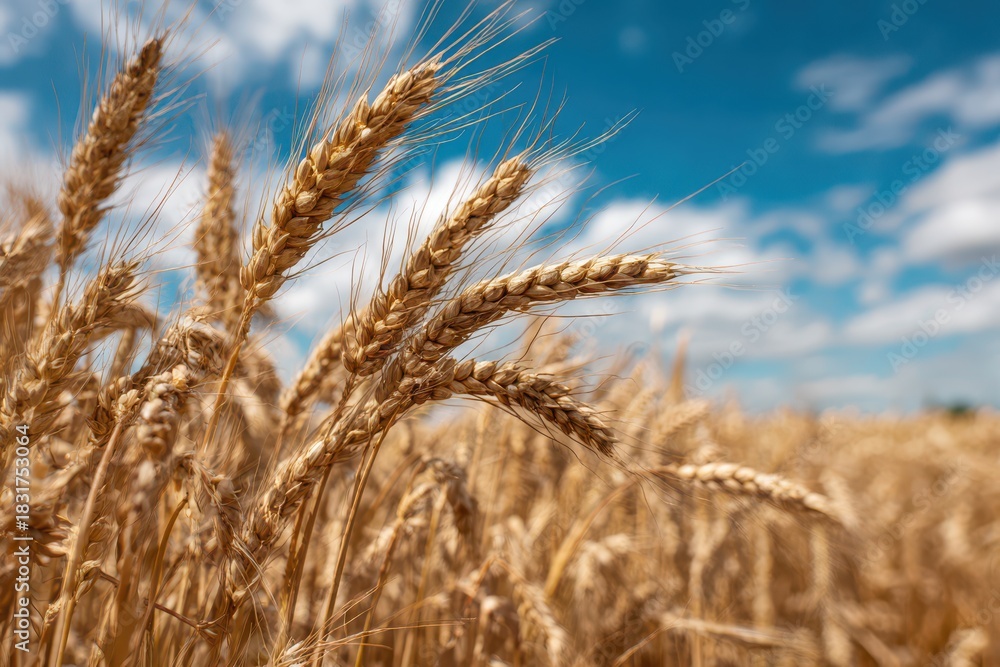 Fototapeta premium Grain stalks in a rural field receding toward a cloud-swept horizon