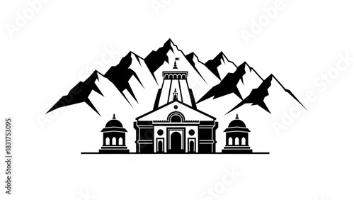 Kedarnath Mandir Vector Illustration of Himalayan Temple with Mountain Silhouette Depiction for Pilgrimage Mahashivratri Shravan Somvar Devotion Sacred Hindu Culture Spiritual Art Symbol Tradition 