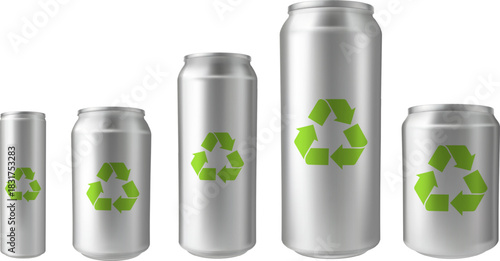 Aluminum drink can different volumes with green recycle sign, vector realistic ecological metallic tin can drink package