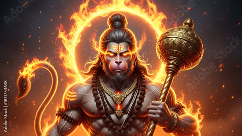 Hanuman Powerful Divine Warrior Form Radiant Energy Depiction Celebrating Hanuman Jayanti Deepavali Ram Navami Strength Devotion Courage Spiritual Blessing Mythology Art Holy Aura
