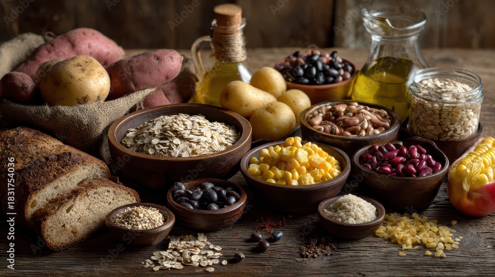Fototapeta premium Healthy carbohydrate sources displayed on a rustic wooden table