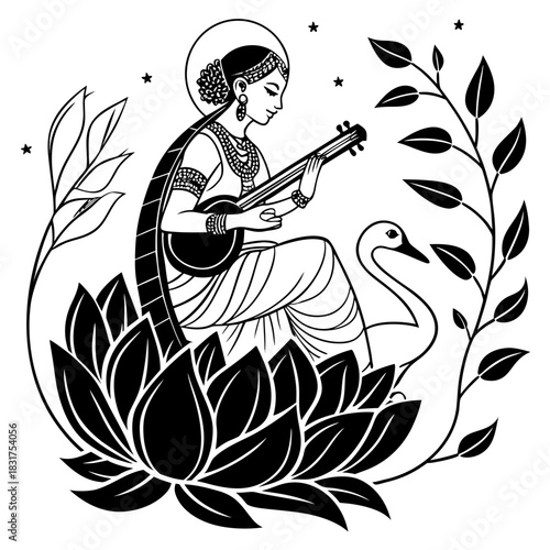 A black-and-white line-art illustration that appears to depict the Hindu Goddess Saraswati, the goddess of knowledge, music, art, and wisdom.